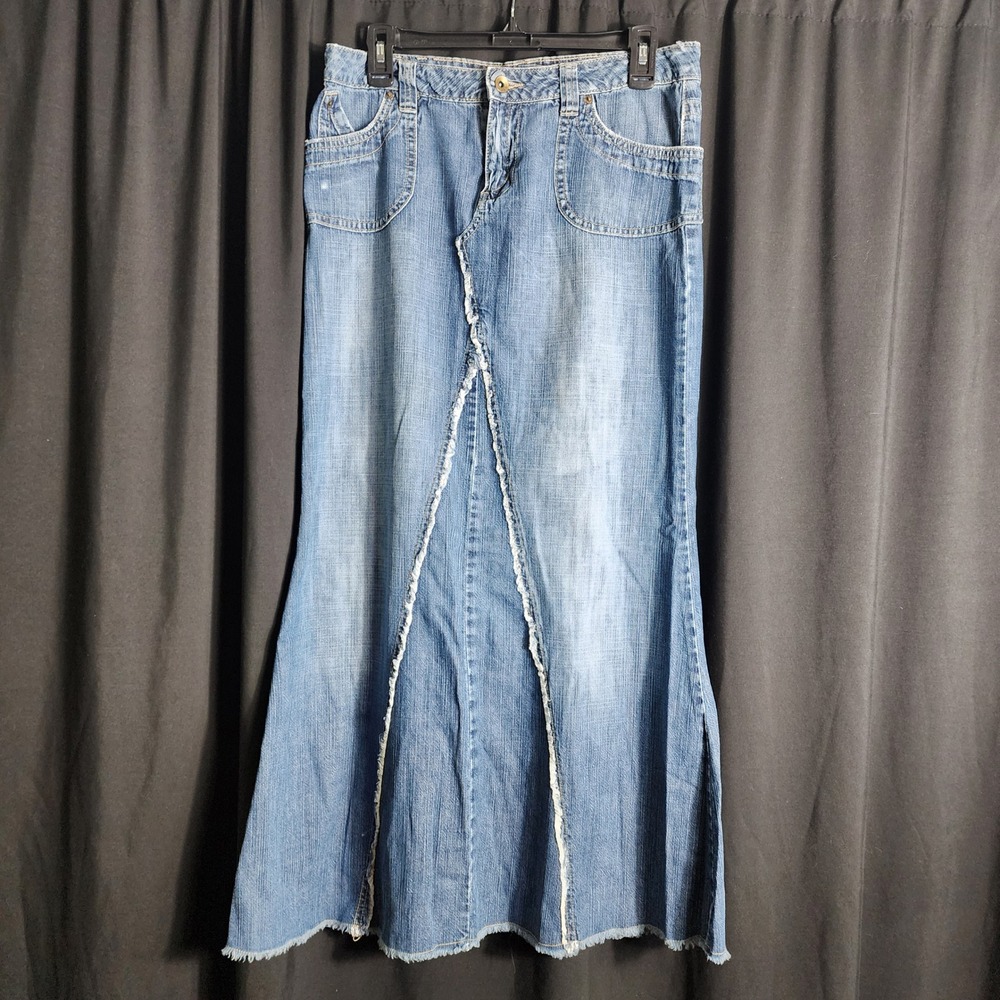 Kama Womens Denim Maxi‎ Skirt Dark Stone Wash Frayed Raw Edge Boho Size 11